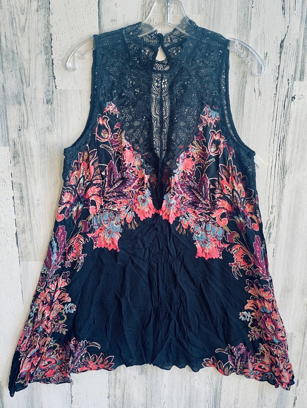 Free People Sleeveless Black Lace Yoke Camisole with Pink Floral Embroidery M